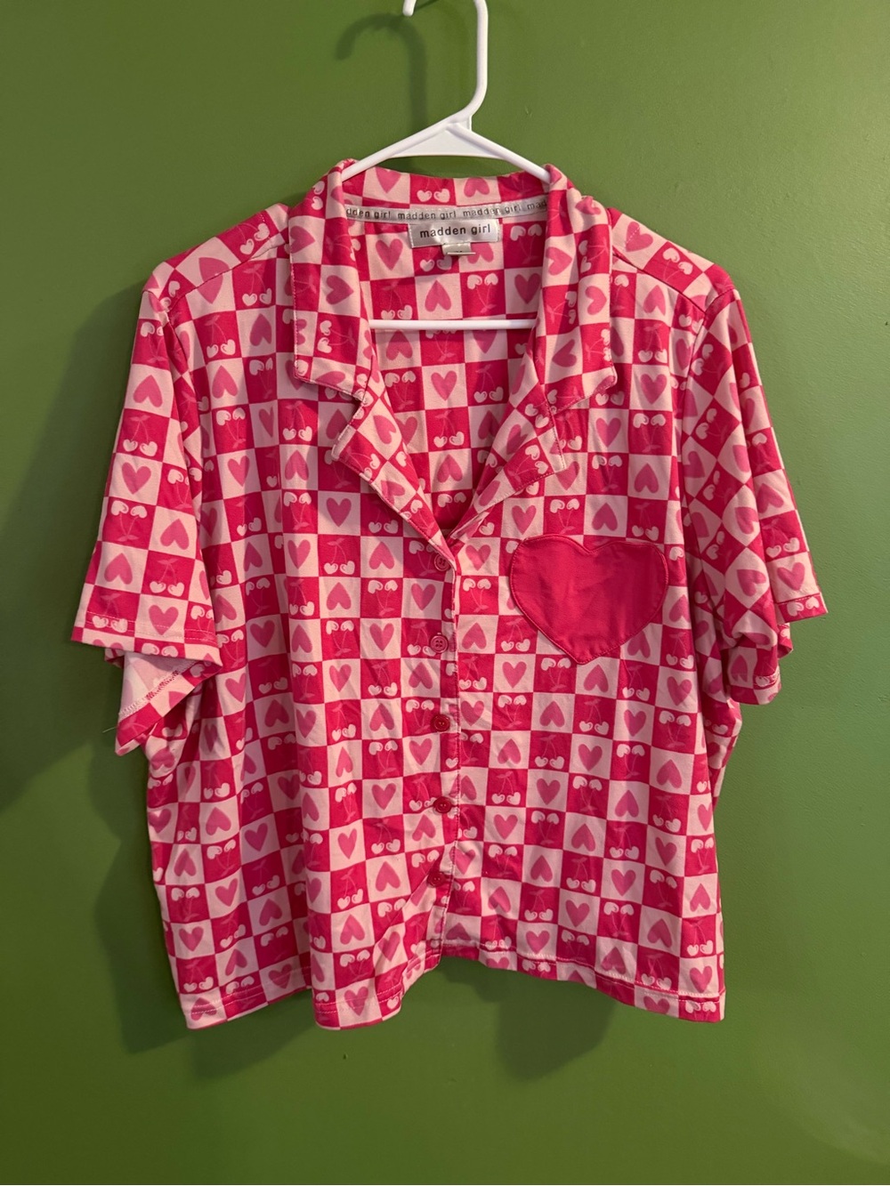 Madden Girl Pink Heart-Print Button-Up Shirt